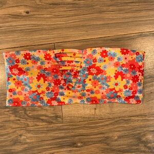 Women's Allover Floral Print Blue Pink Yellow Bandeau Swimsuit Bikini Top S